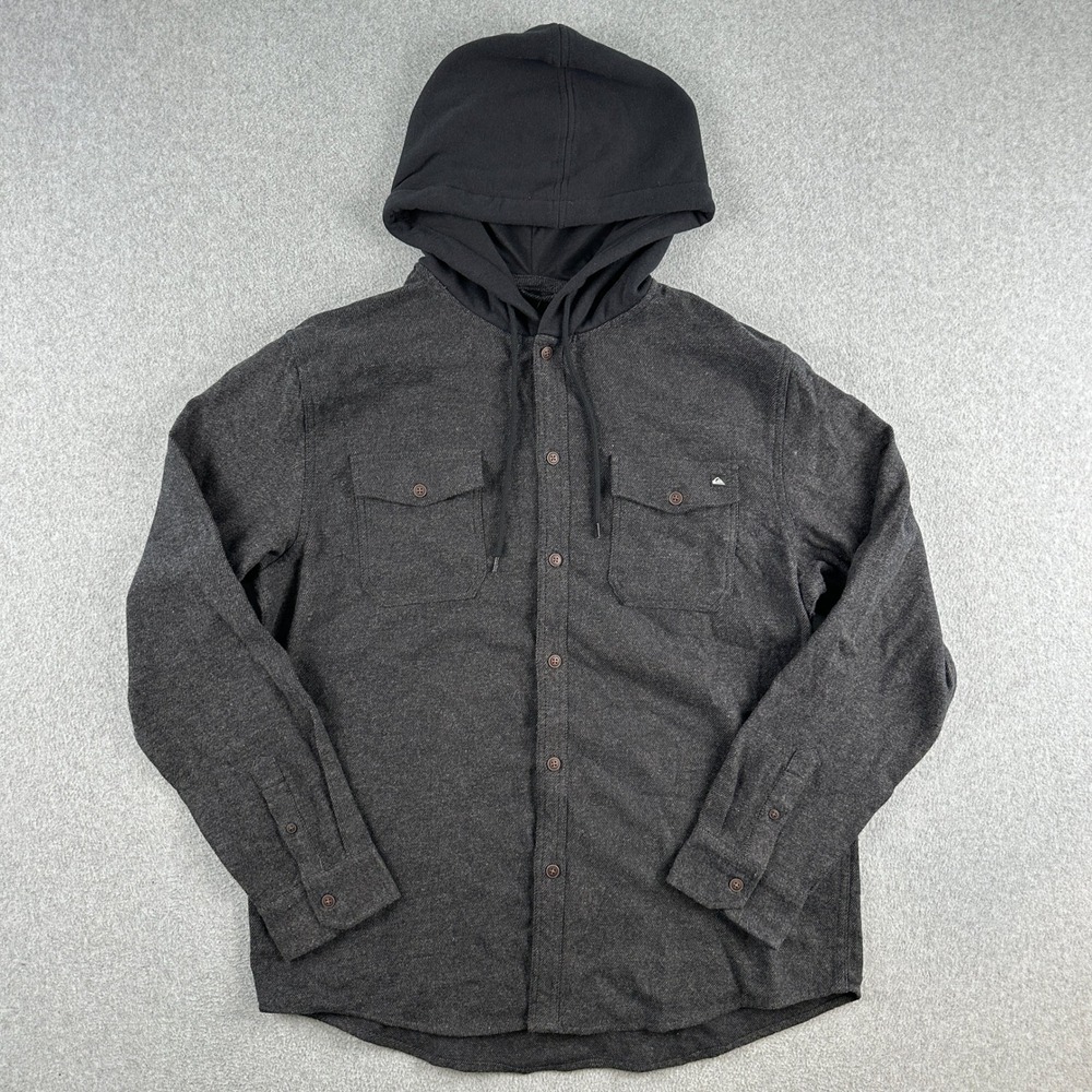 NEW Quiksilver Flannel Men's Large Black Shacket Jacket‎ Hood Long Sleeve Cotton
